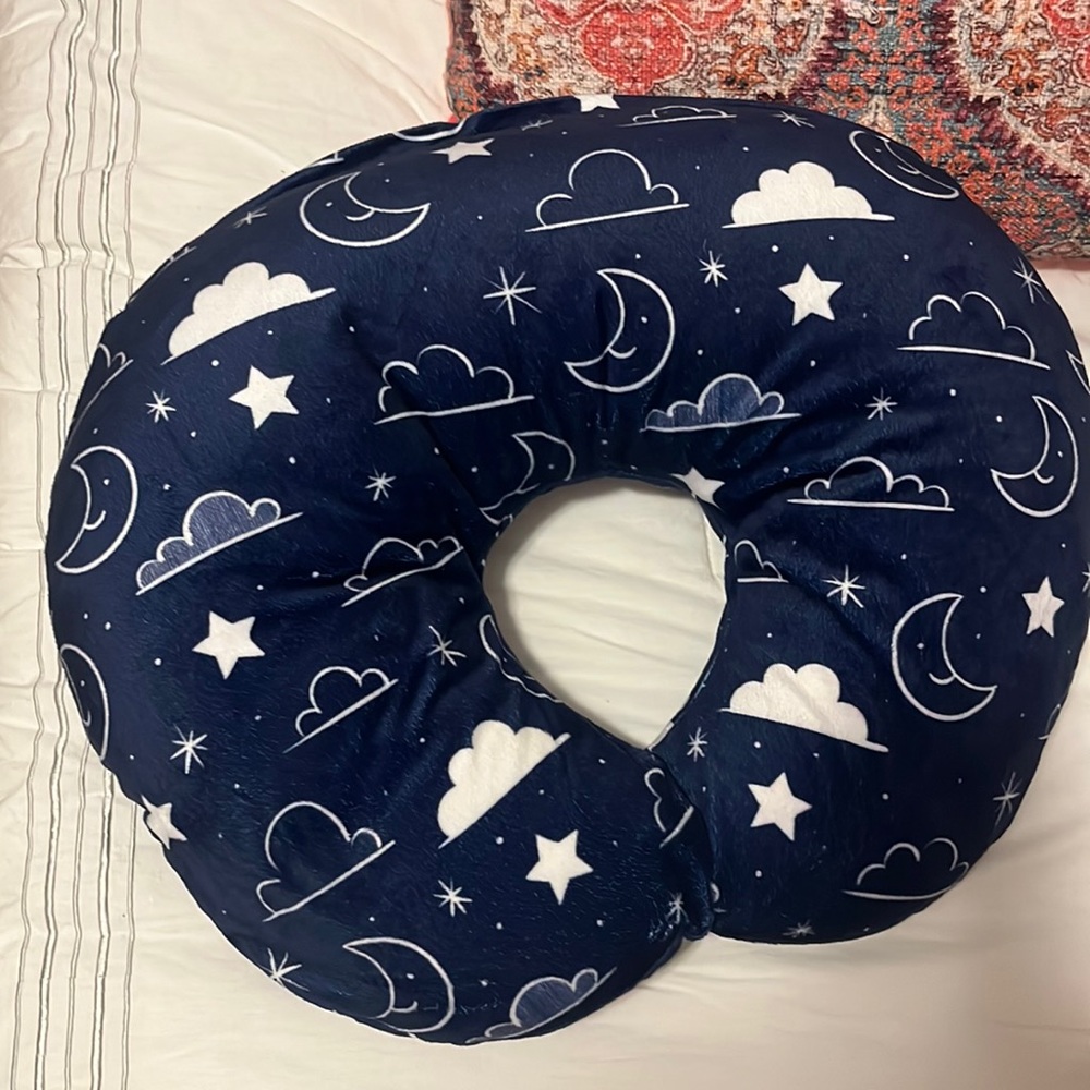 Boppy Nursing Pillow with soft plush dark blue moon star cloud cover